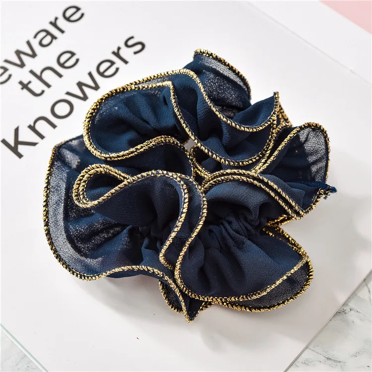 Новые Сатиновые полиэфирные жемчужные резинки для волос с золотым краем, тянущиеся резинки для волос, держатель для конского хвоста, женские резинки, аксессуары, ленты для волос - Цвет: 9 Navy blue