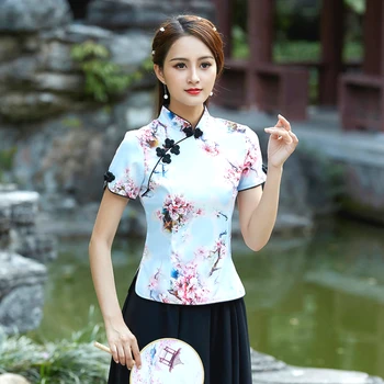 

Sheng Coco Women's Print Improving Cheongsam Blouse Summer Traditional Chinese Clothing Folk Flower Pink Cheongsam Blouse Tops