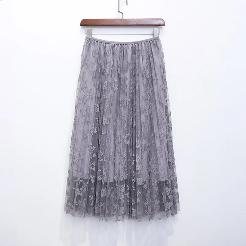HziriP, летние юбки, элегантная кружевная однотонная плиссированная юбка, 4 цвета, Женская юбка с высокой талией, сексуальные, подходят ко всему, весенние юбки, Saia Longa - Цвет: Серый
