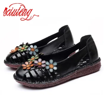 

Xiuteng 2020 fashion New Summer female Flat shoes beef tendon bottom increased national wind Soft bottom Genuine Leather shoes