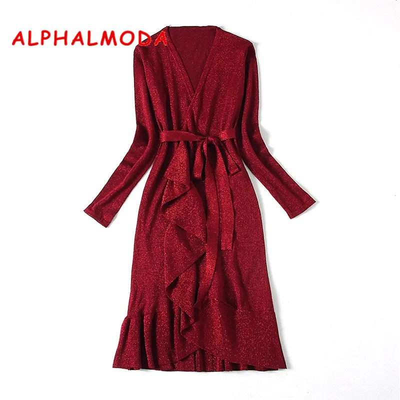 

ALPHALMODA 2019 Spring Women's New Knitted Wrap Dress Long-sleeved Ruffled Trim Sashes Tie Waist Casual Vestidos