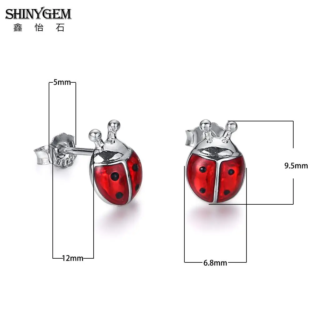 Серьги в виде божьей коровки из чистого серебра ShinyGem, модные 925 пробы серебряные серьги-гвоздики, милые розовые/красные серьги в виде божьей коровки