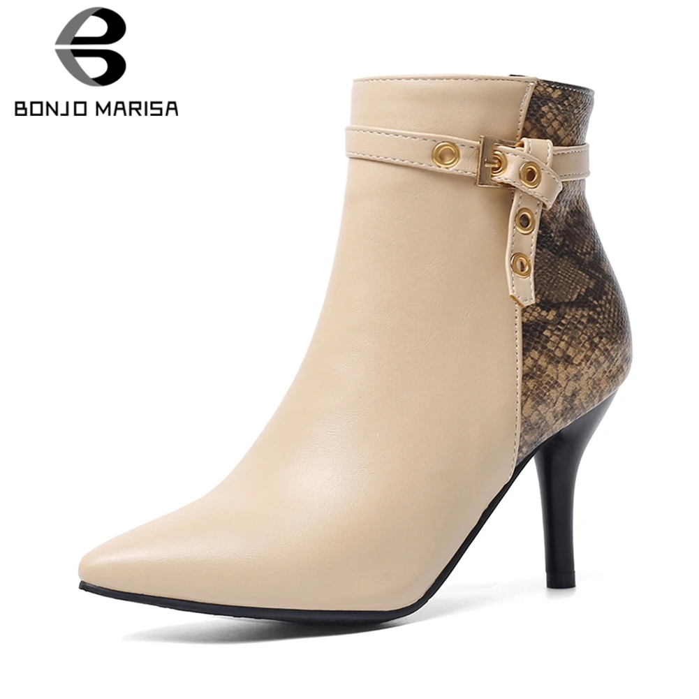 

BONJOMARISA New 30-46 Fashion Patchwork Ankle Boots Women 2020 Winter Lady Ol Pointed Toe Booties Thin High Heels Shoes Woman