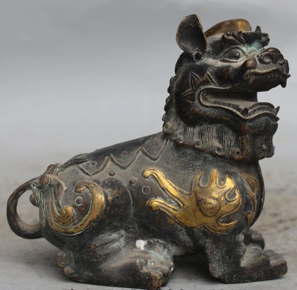 

004178 7" Chinese Feng Shui Folk Bronze Gilt Foo Fu Dog Guardion Lion Statue Sculpture
