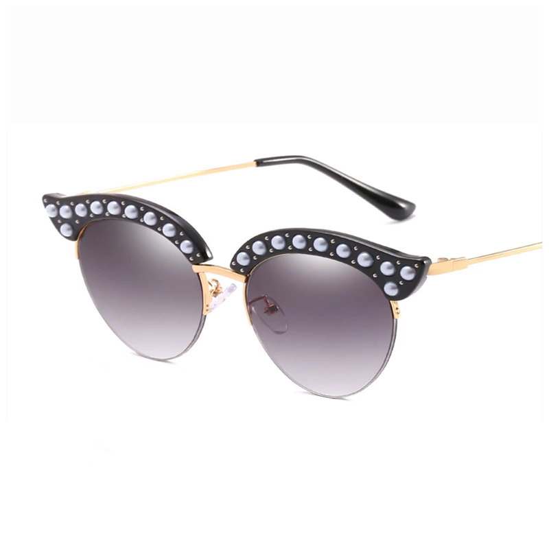 

2018 new European and American women HD Sunglasses fashion cat eye half frame anti UV sun glasses with pearl rivets ornamental