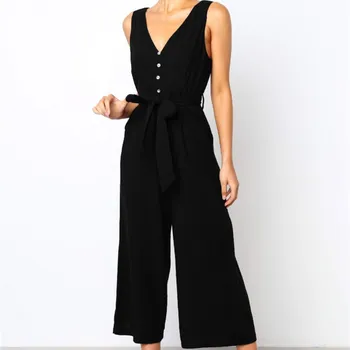 

2019 Summer Female Fashion Women Sexy Jumpsuit V-Neck Ruffle Solid Sleeveless Bandage Loose Rompers