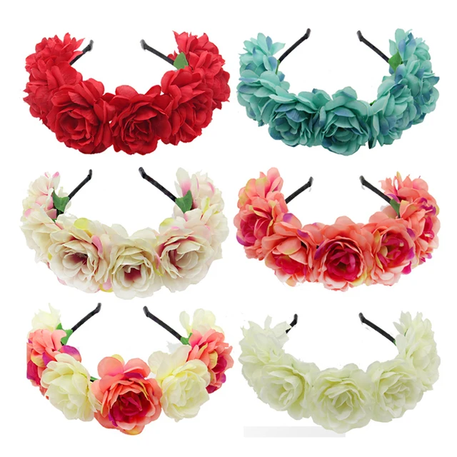 New Fashion Women Bride Flowers Headband Mexican Style Rose Flower Crown Hairband Ladies Elastic Beach Hair Accessories Headband 1