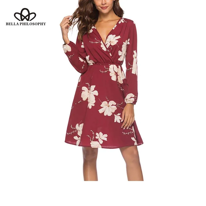 Wonder 2019 new Summer Sexy Print V-Neck Knee-Length Women Dress Long Sleeve Elegant Bohemian Dress Evening Party Dress S-XXL