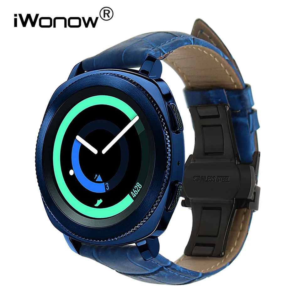 

20mm Genuine Leather Watchband +Tool for Samsung Gear Sport SM-R600 Watch Band Steel Butterfly Buckle Strap Wrist Bracelet Black