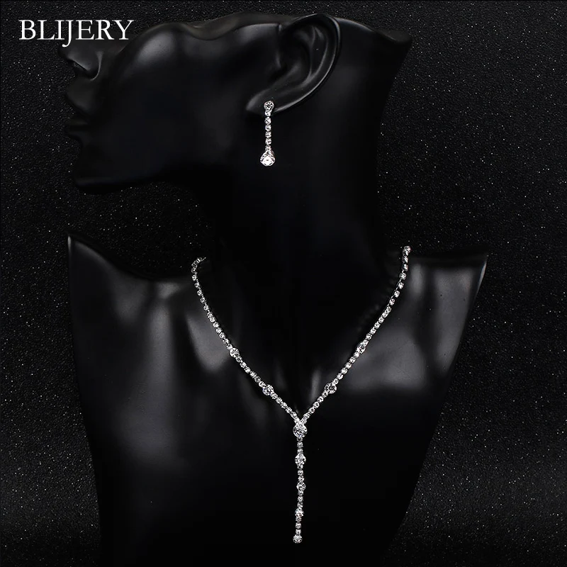 BLIJERY простой стиль Кристалл Свадебные Ювелирные наборы серебряного цвета ожерелье со стразами Комплект сережек для женщин наборы свадебных ювелирных изделий