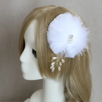 

Pure White Natural Feather Bride Wedding Headwear with Pearl Curly Hair Headbands Clip Pin Ear Tiara Accessories