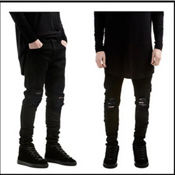 Wholesale 2019 Fashion black skinny jeans men hip hop streetwear pantalon homme distressed knee Ripped hole denim biker jeans