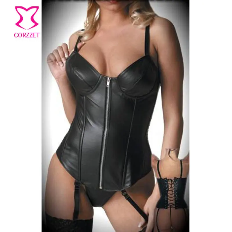 

Punk Rock Corpetes E Espartilhos Sexy Bustier Faux Leather Corset Black Zipper Overbust Push Up Corsets And Bustiers with Straps