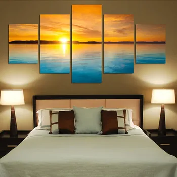 

Living Room Home Decor Painting Poster 5 Panel Sunset Sea Landscape Modern Abstract Canvas Picture HD Printed Wall Art