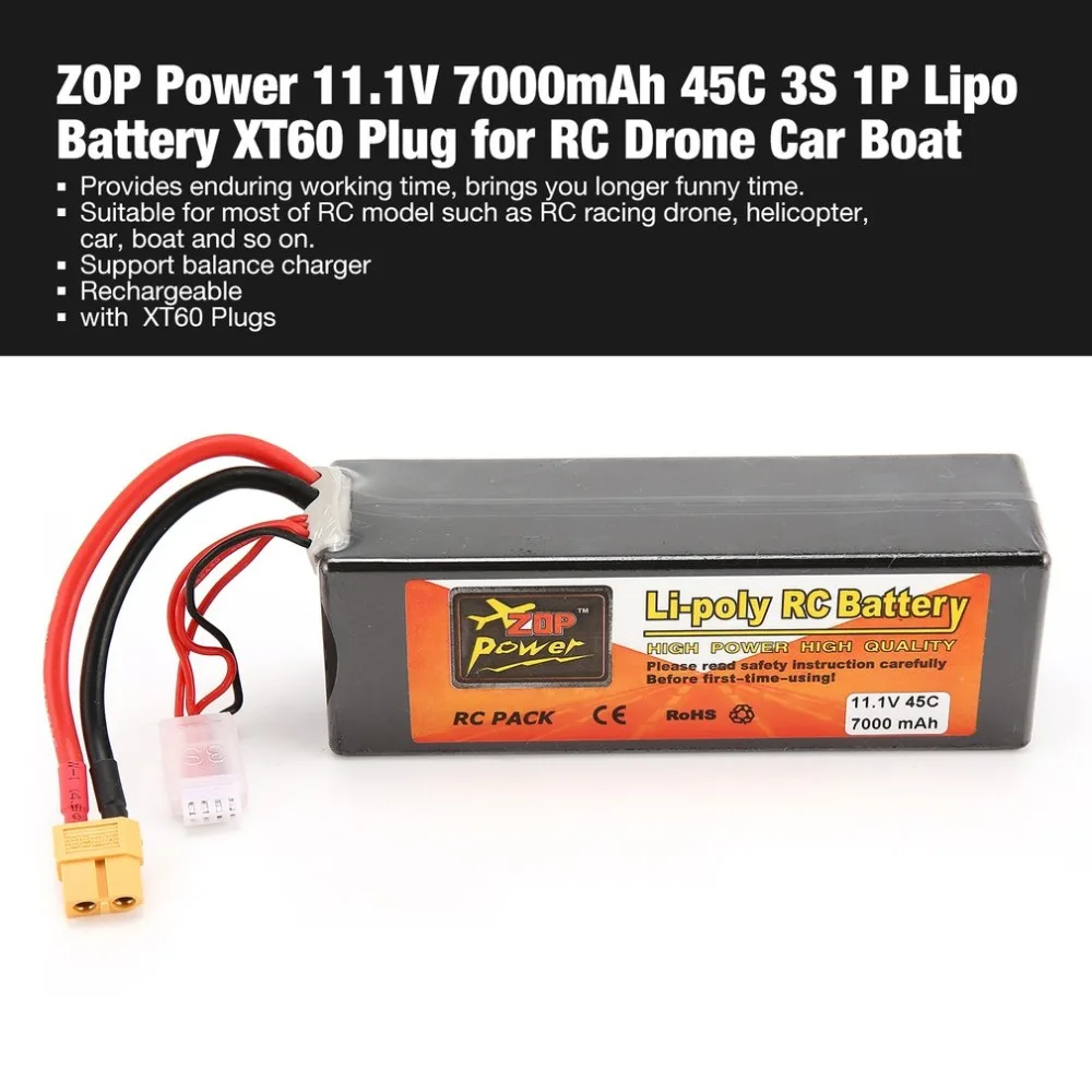 

ZOP Power 11.1V 7000mAh 45C 3S 1P Lipo Battery XT60 Plug Rechargeable for RC Racing Drone Quadcopter Helicopter Car Boat Model