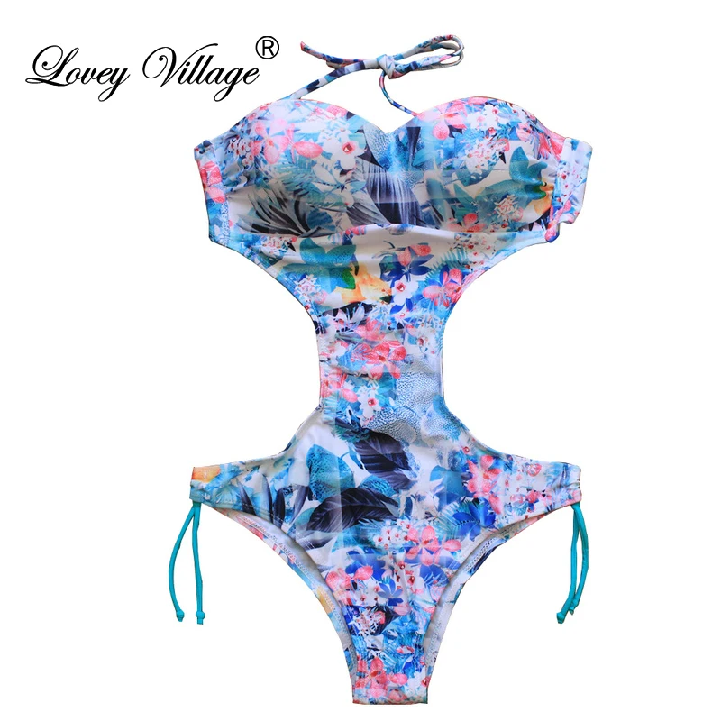 

Lovey Village Swimwear Women One Piece Swimsuit 2017 New Beach Wear Padded Print Floral Vintage Retro Bathing Suits Swim Wear