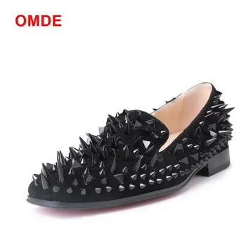 

OMDE New Arrive Black Men Suede Shoes Fashion Spikes Loafers Slip On Mens Dress Shoes Breathable Men's Party And Prom Shoes