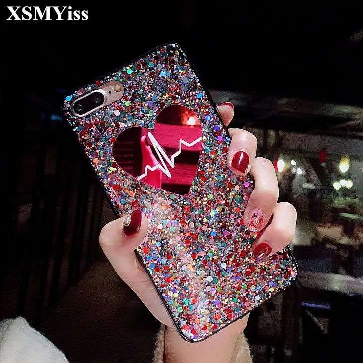 

Fashion calssic cartoon rose love heartbeat ecg rainbow flare sequins cell phone lover case cover For iPhone X 6 6S 7 8 Plus