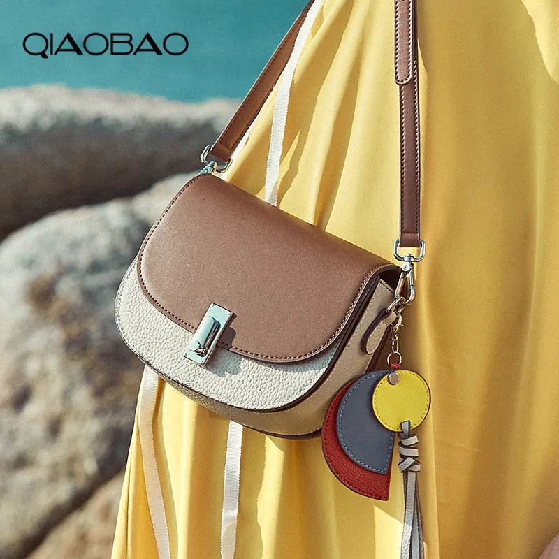 

QIAOBAO Summer Cowhide Leather saddle bag hit color small bag female models 2019 wideband Messenger bag retro wild handbags