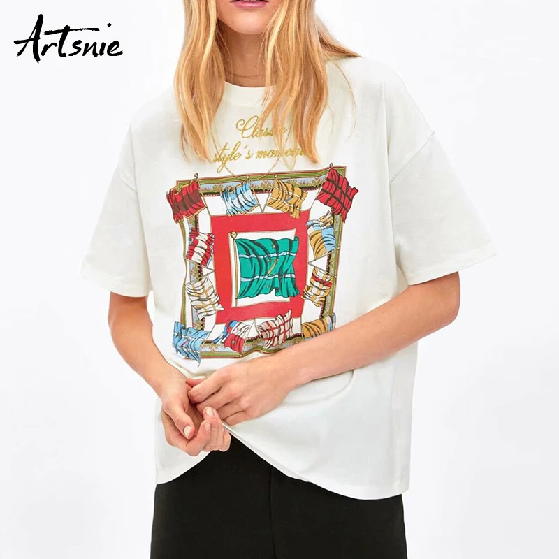 

Artsnie streetwear cartoon casual women t shirt summer 2019 o neck short sleeve white tee tops mujer knitted t-shirt femme
