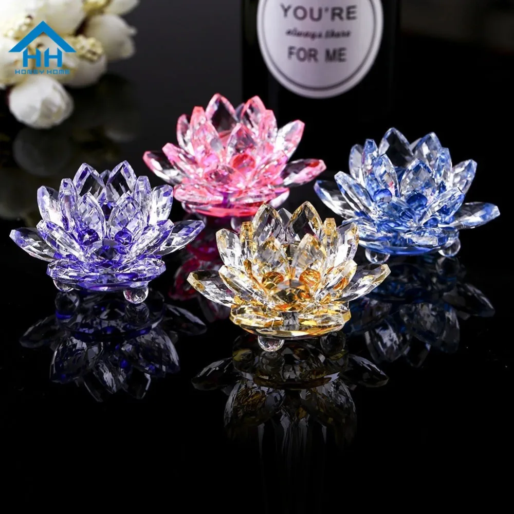 Crystal Lotus Flower Buddhist Ornament Feng Shui Art Glass Decor Purple