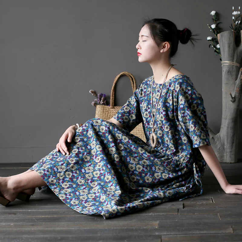 

Women Cotton linen printe Floral Waisted Dress Ladies Round Neck Summer Cute Dresses Female Flower Print Dress