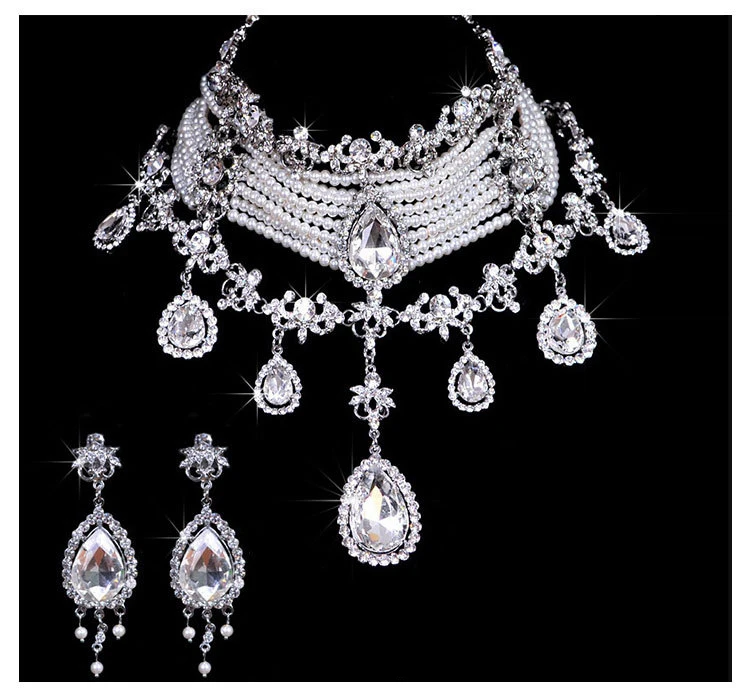 Luxury Wedding Jewelry Set Imitate Pearl Crystal Rhinestone Drop Choker