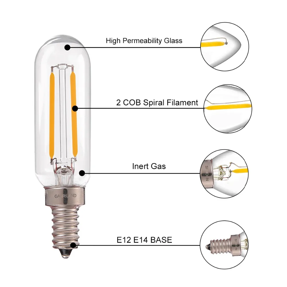 Ganriland затемнения T25 Tubular светодиодный Лампа накаливания 2 W ретро люстра подвесной светильник E12 E14 база 110 V 220VAC теплый белый 2700 K лампа