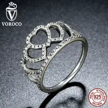 VOROCO 100% 925 Sterling Silver Corazones Tiara, Clear CZ de Las Mujeres Anillo de Dedo Joyería Compatible con Original A7194
