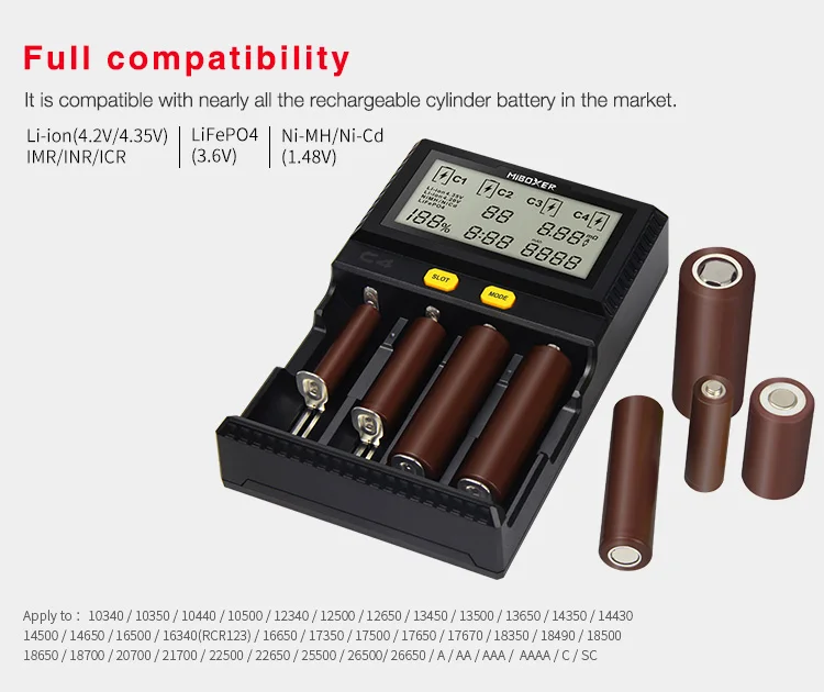 Miboxer C4 ЖК-дисплей Смарт Батарея Зарядное устройство для батарей Li-Ion(литий-ионных батарей IMR INR ICR LiFePO4 18650 14500 26650 16340 AAA батарейки типа АА 100-1500mA