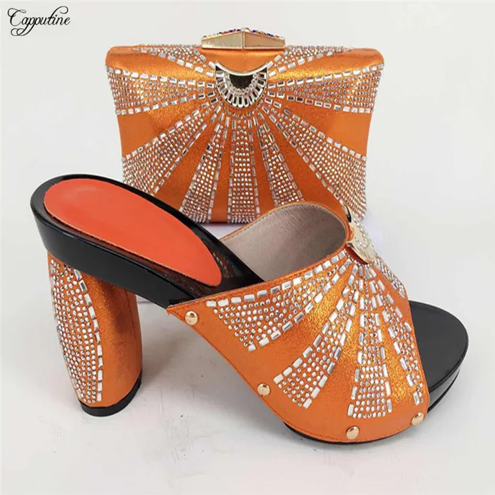 

Wonderful PU leather high heel shoes and evening bag set with rhinestones for party 226-10 orange, heel height 12 cm