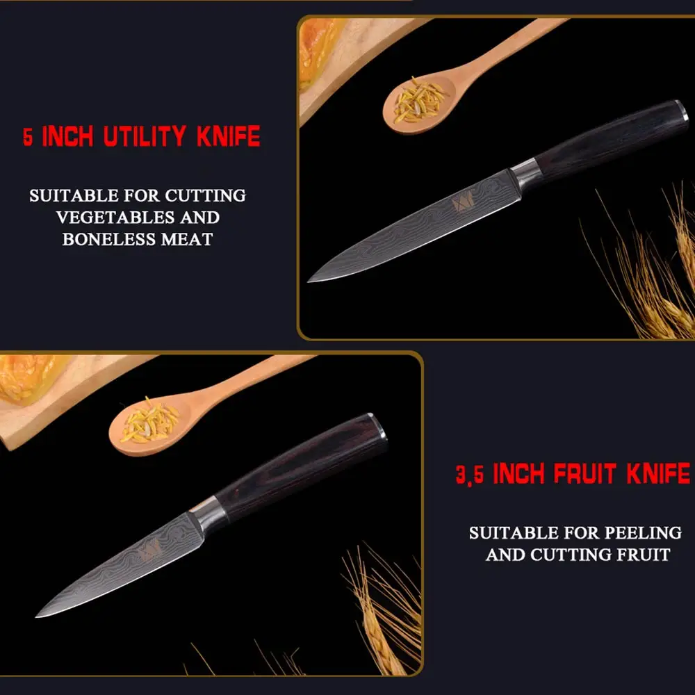  XYj Stainless Steel Kitchen Knife 6-piece Sets Cleaver Damascus Veins Pattern Fruit Utility Santoku - 33044222567
