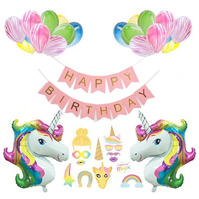 hot sales unicorn marble latex balloon happy birthday letter banner