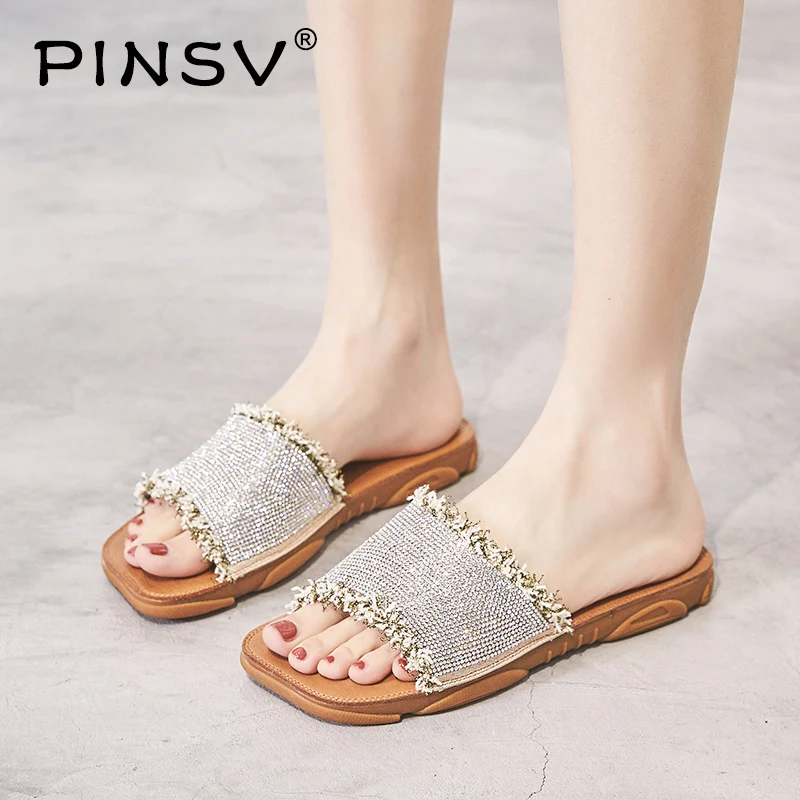 

Rhinestone Womens Slippers Flat Female Slippers Summer Home Slippers Laciness Slides Women Shoes pantoufle femme PINSV