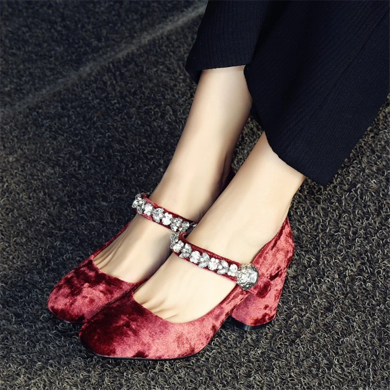 

Hanbaidi Women Spring /Autumn Pumps Luxury Flannel Rhinestone Crytal Women Gladiator Shoes Round Toe Buckle Strap Shoes Women
