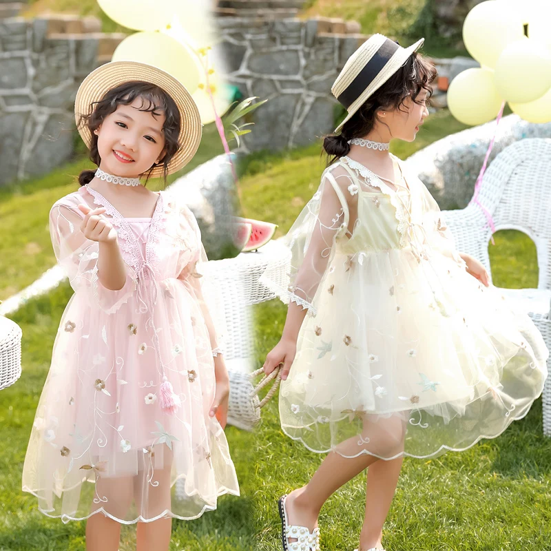 

Summer Lace Girls Dresses Cute Flower Embroidery Birthday Party Princess Dresses Holiday Beach Sundress Kids Clothes Vestidos