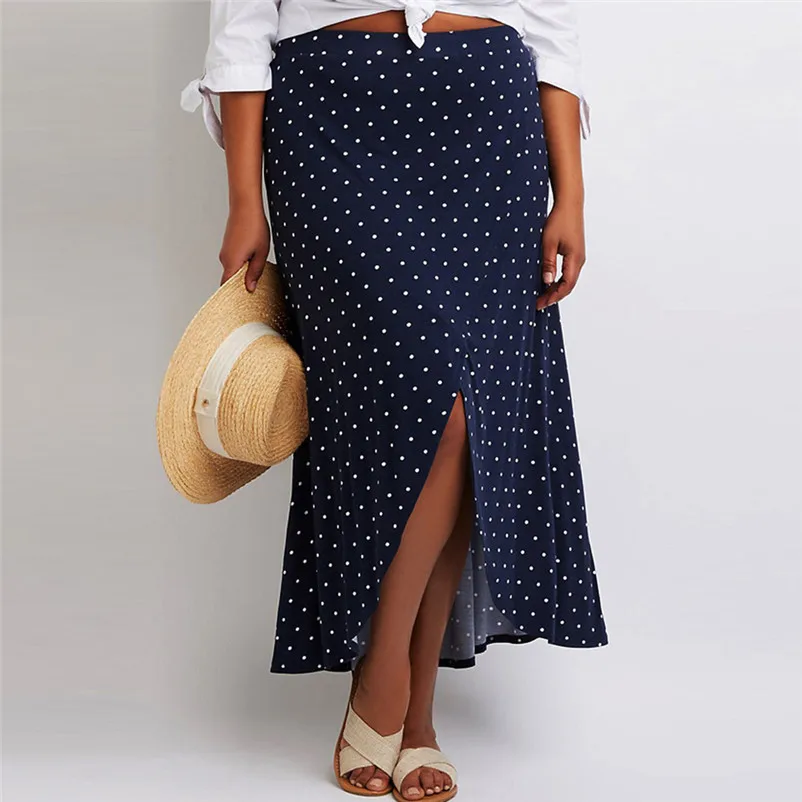 New Fashion 2018 Summer style skirts womens casual High Waist Plus Size Dot Waist Slit Long Skirt Sexy Uniform Femme Saia Y04#N (3)