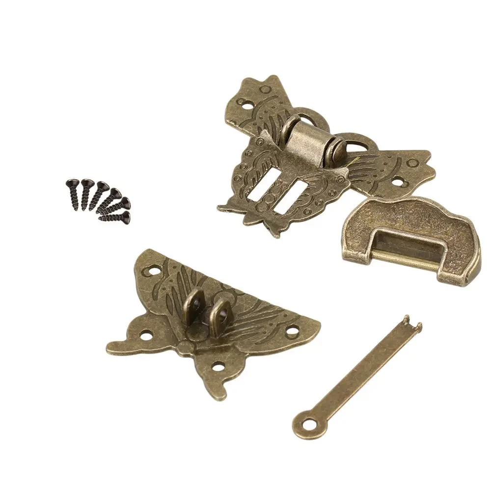 

Chinese Old Lock Latch Butterfly Buckle Clasp With " Lucky " Lock / Key For Vintage Cabinet Jewelry Box