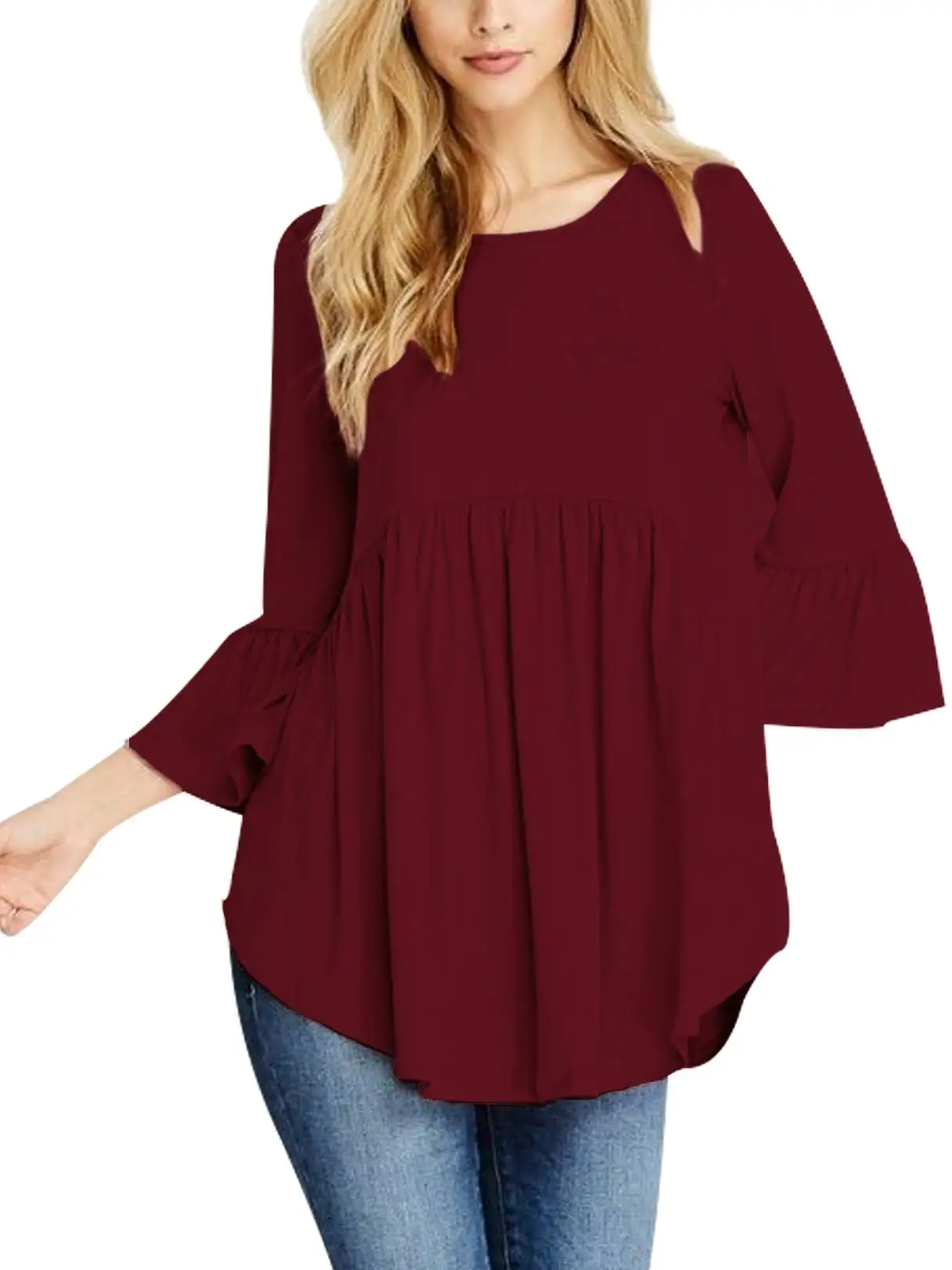 

Women Blouse Shirts 2019 Summer Casual Loose Patchwork Solid 3/4 Ruffles Sleeve Round Neck Pullover Long Tops Shirts Plus Size