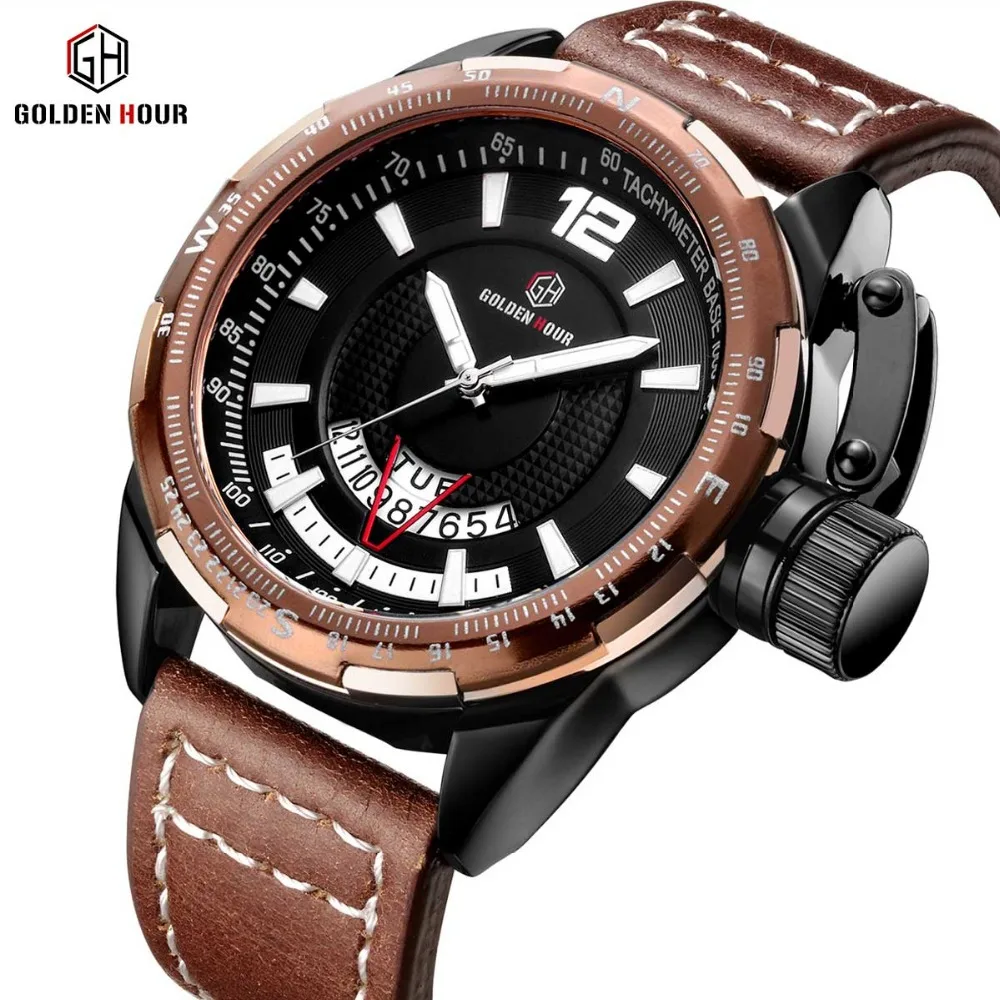 

2019 GOLDENHOUR Fashion Sport Mens Watches Calendar Date Dial Leather Strap Quartz Watch Men Top Brand Luxury Gift for Male