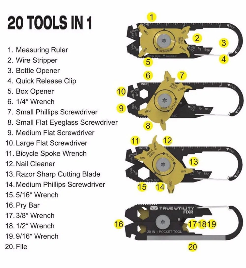 Отвертка гаечный ключ для зачистки проводов вращающийся инструмент мини 20 в 1 мульти-инструменты металлический черный нержавеющий карманный инструмент полезный брелок