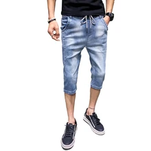 Мужской стрейчевый облегающий с завязками плетеный ремень синие джинсовые шорты до колена летние джинсы, шорты мужские брюки стрейч