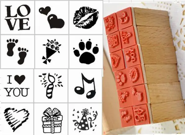 

Cartoon Children Lovely Mini Wooden Stamp Box DIY Diary Stamp 12pcs/set 4designs At Your Choice Free Shipping