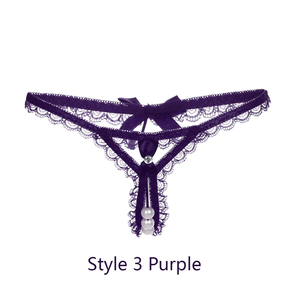 1 шт., женские сексуальные стринги, стринги, цветочное нижнее белье, экзотическое нижнее белье с жемчугом, сексуальные полые трусы, трусики, бесшовное кружевное нижнее белье - Цвет: Style 3 Purple