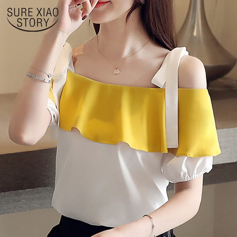 

fashion women blouses 2019 short sleeve slash neck off shoulder top ruffles chiffon blouse women womens tops and blouses 4368 50