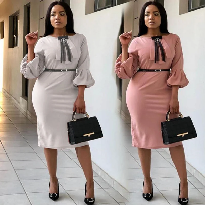 

HGTE 2019 spring Office Business Lantern Sleeve pencil Dress Women Elegant O-Neck Half Sleeve Sashes Knee-Length Casual Dress