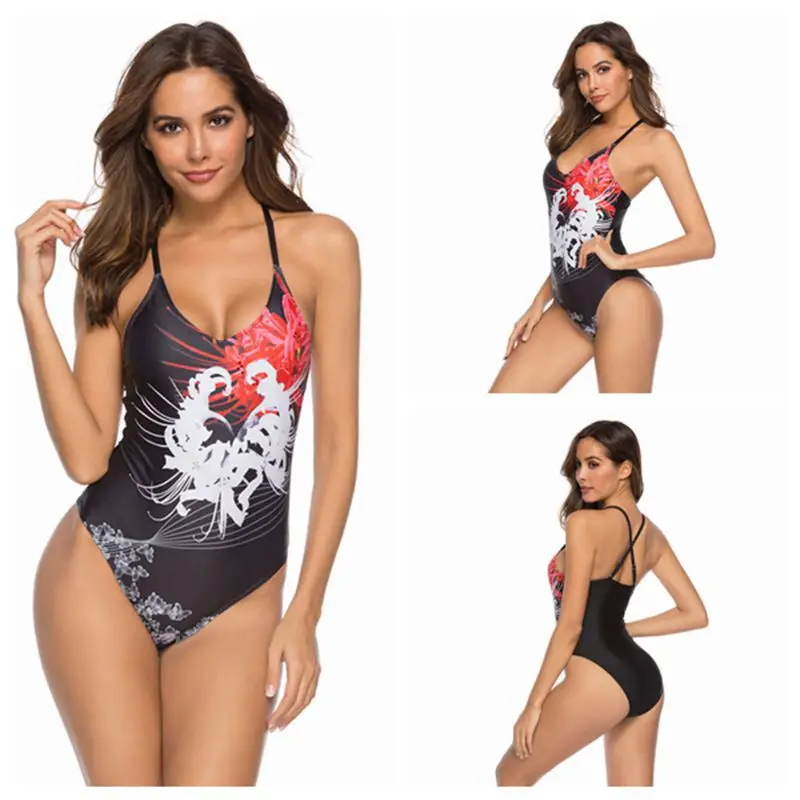 

2019 New Sexy One Piece Woman Swimwear Closed Bikini Push Up Halter High Waist Swimsuit Women Beachwear Flower Print Euro Style