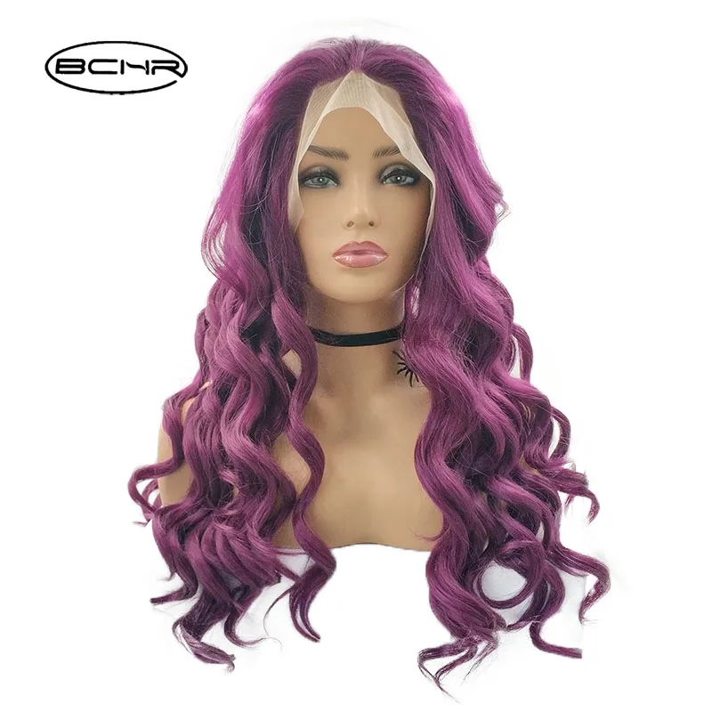 BCHR химическое Синтетические волосы на кружеве парики 28 "волнистые волосы с бесклеевой фиолетовый синтетический парик жаропрочных волокна