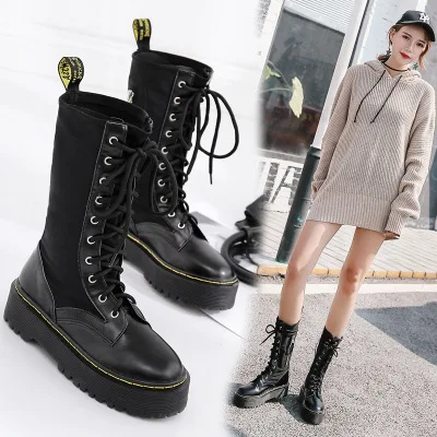 

Lace-up platform motorcycle boots ladies round head with Martin boots ladies tube plush comfortable boots female models