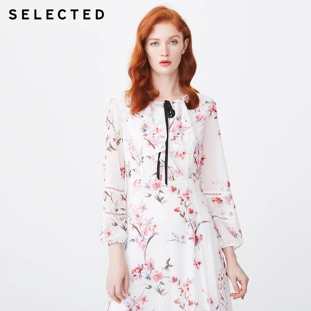 Отборное весеннее шифоновое цветочное кружевное платье с высокой посадкой S | 41912J520